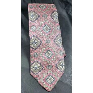 Damon Men's Silk Tie Burgundy Blue Tan Medallion Slip Stitch Made in USA Vintage